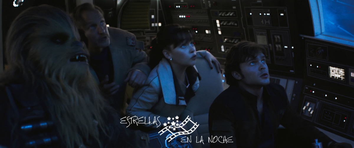 Joonas Suotamo is Chewbacca, Woody Harrelson is Beckett, Emilia Clarke is Qi’ra and Alden Ehrenreich is Han Solo in SOLO: A STAR WARS STORY.