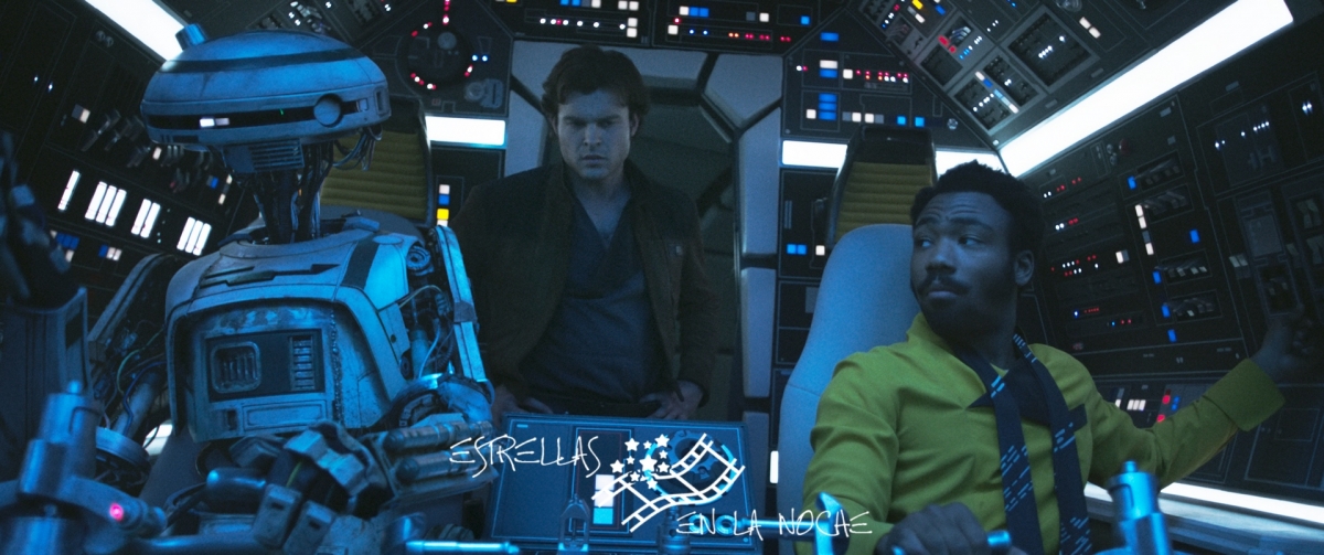 Alden Ehrenreich is Han Solo, Donal Glover is Lando Calrissian and Phoebe Waller-Bridge is L3-37 in SOLO: A STAR WARS STORY.