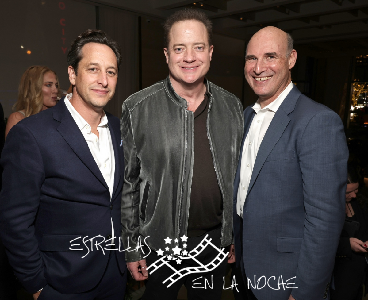 Searchlight Pictures President David Greenbaum, Brendan Fraser and Searchlight President Matthew Greenfield attend the Searchlight Picture’s Poor Things New York Premiere at the DGA Theater on Dec 6, 2023 in New York.