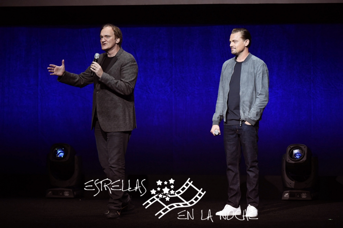 Las Vegas, NV - April 23, 2018: Quentin Tarantino, writer/director/producer, and Leonardo DiCaprio speak at Sony Pictures Entertainment’s CinemaCon Presentation at The Colosseum at Caesar’s Palace.