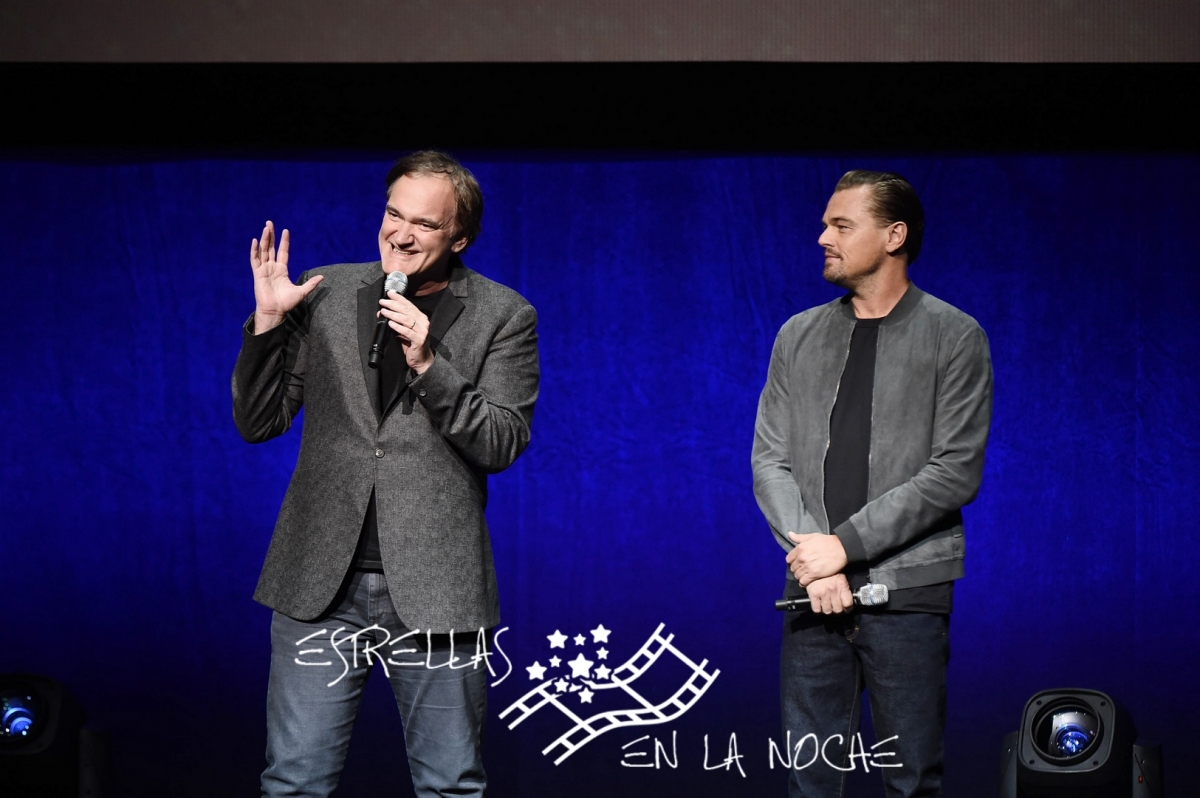 Las Vegas, NV - April 23, 2018: Quentin Tarantino, writer/director/producer, and Leonardo DiCaprio speak at Sony Pictures Entertainment’s CinemaCon Presentation at The Colosseum at Caesar’s Palace.